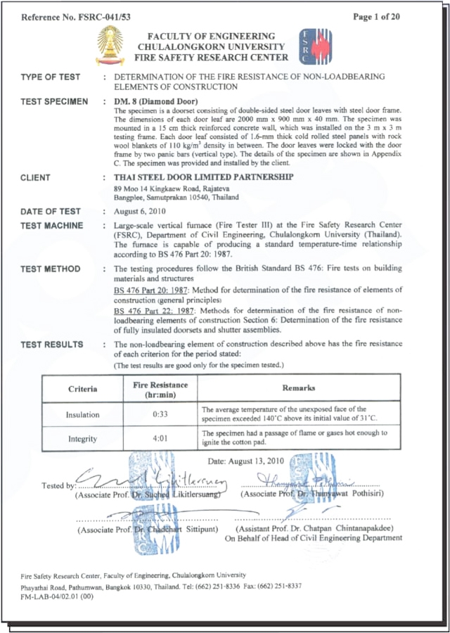 ใบรับรองประตูเหล็ก Diamond Door